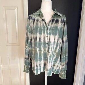 Raquel Allegra Green Moss Tie-Dye Button Collared Blouse Size 1 or Small